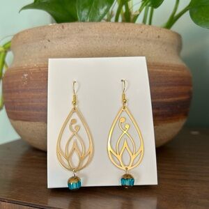 Hand Crafted Earrings - Brass and Glass Beads - 2” Drop - NWT